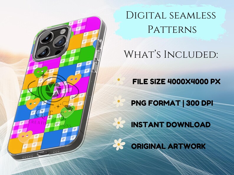 Op de afbeelding: Een smartphonehoesje met een kleurrijk ruitpatroon in roze, geel, groen en blauw. De hoes heeft een ontwerp met harten en de tekst "DIGITAL SEAMLESS PATTERNS". De afbeelding bevat ook details over het digitale bestand.