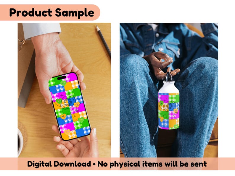 Op de afbeelding: Een witte waterfles en een smartphone, beide met een kleurrijk patchworkontwerp met harten en cirkels. De telefoon wordt in de handen van een persoon gehouden. De tekst "Product Sample" en "Digital Download &bull; No physical items will be sent" zijn ook zichtbaar.
