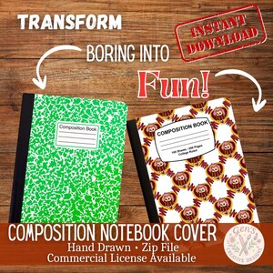 Puede incluir: Dos cuadernos de composición con lomos negros. Uno tiene una cubierta moteada verde y blanca, el otro presenta un patrón de búhos sobre un fondo blanco. El texto incluye "Composition Book" y "Transform Boring Into Fun!"