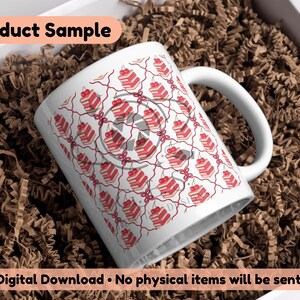 May include: White ceramic mug with a repeating pattern of red cake slices with cherries. The mug is in a box with brown paper filler. Text on the image reads "Product Sample" and "Digital Download &bull; No physical items will be sent".