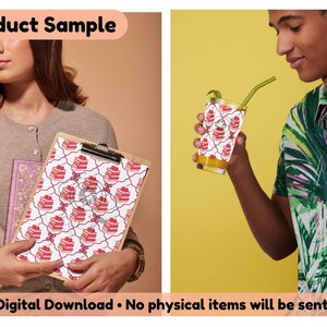 May include: A clipboard with a patterned design featuring red cake slices and a glass with the same design. The image also includes the text "Product Sample" and "Digital Download &bull; No physical items will be sent".