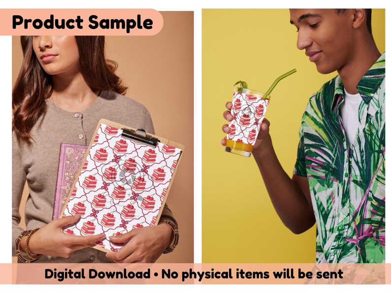 May include: A clipboard with a patterned design featuring red cake slices and a glass with the same design. The image also includes the text "Product Sample" and "Digital Download &bull; No physical items will be sent".