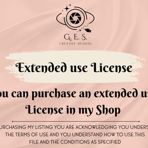 Op de afbeelding: Een digitale afbeelding met de tekst "Extended use License" in een gestileerd lettertype. De afbeelding bevat de tekst "You can purchase an extended use License in my Shop" en het logo van G.E.S. Creative Designs.