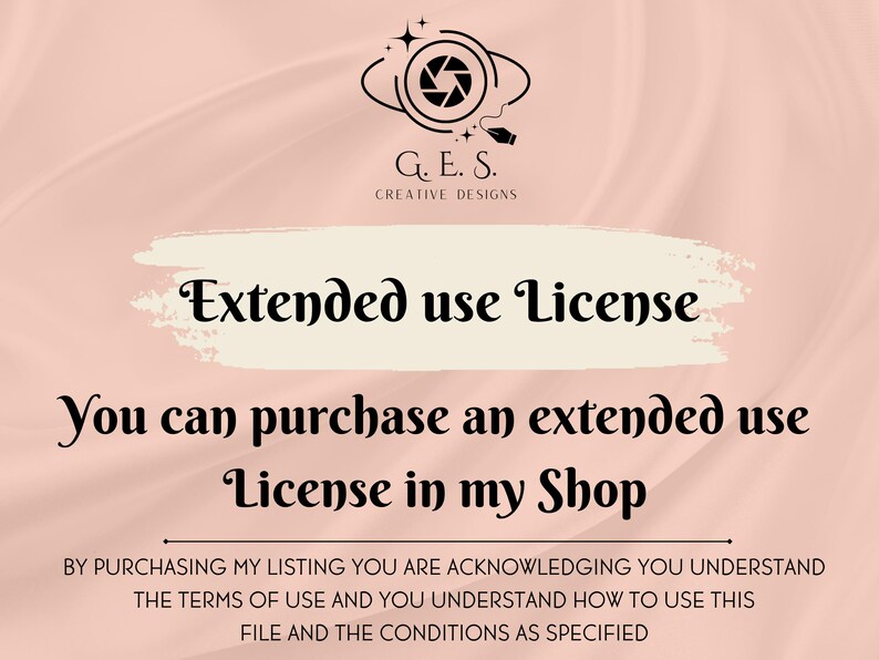 Op de afbeelding: Een digitale afbeelding met de tekst "Extended use License" in een gestileerd lettertype. De afbeelding bevat de tekst "You can purchase an extended use License in my Shop" en het logo van G.E.S. Creative Designs.