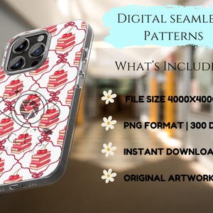 May include: A clear phone case featuring a repeating pattern of pink cakes with cherries and red bows on a white background. The text "DIGITAL SEAMLESS PATTERNS" is displayed above the included features: file size, PNG format, instant download, and original artwork.