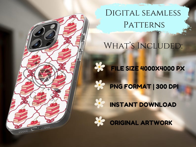 May include: A clear phone case featuring a repeating pattern of pink cakes with cherries and red bows on a white background. The text "DIGITAL SEAMLESS PATTERNS" is displayed above the included features: file size, PNG format, instant download, and original artwork.
