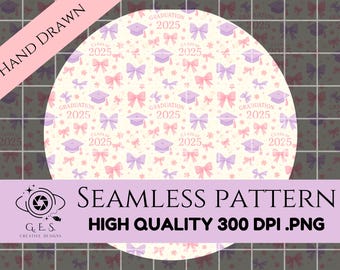 Coquette Graduation 2026 Seamless Pattern: Bows & Caps (Digital PNG)