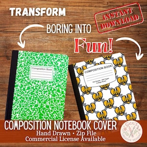 May include: Two composition notebooks with black spines. One has a green speckled cover, the other a white cover with a repeating pattern of yellow hearts. Text includes "Transform Boring Into Fun!" and "Composition Notebook Cover".