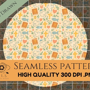 Christian Faith Seamless Pattern cute bible cross dove fish digital paper kawaii coquette religious png instant download hand drawn