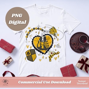 Pode incluir: Camiseta branca com um design em forma de coração com um texugo, raios e a palavra "Hufflepuff". O design inclui um cachecol, uma carta e um escudo. As palavras "PNG Digital" e "Commercial Use Download" também são visíveis.