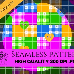 Peut inclure: Motif sans couture coloré avec une grille de carrés roses, bleus, verts et jaunes. Le motif comprend des éléments en forme de cœur et le texte "SEAMLESS PATTERN HIGH QUALITY 300 DPI .PNG". Le texte "HAND DRAWN" est également présent.