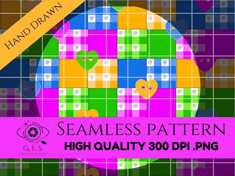 Op de afbeelding: Een kleurrijk naadloos patroonontwerp met een raster van vierkanten in verschillende kleuren, waaronder roze, blauw, groen en geel. Het ontwerp bevat hartvormige elementen en de tekst "SEAMLESS PATTERN HIGH QUALITY 300 DPI .PNG". De tekst "HAND DRAWN" is ook aanwezig.