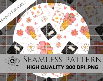 Coquette School Seamless Pattern: Pencils, Notebooks, Flowers (PNG Digital Paper)