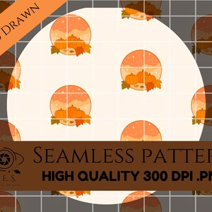Può includere: Design a motivo senza cuciture con zucche arancioni, foglie autunnali e un cielo al tramonto all'interno di un cerchio. Lo sfondo è chiaro con un motivo a griglia. Il testo recita "Hand Drawn" e "Seamless Pattern".