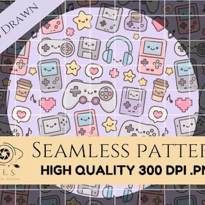 Peut inclure: Motif sans couture avec des illustrations dessinées à la main de consoles de jeux rétro, manettes, étoiles, cœurs et tasses à café aux couleurs pastel. Le design comprend le texte "HAND DRAWN" et "SEAMLESS PATTERN HIGH QUALITY 300 DPI .PNG".