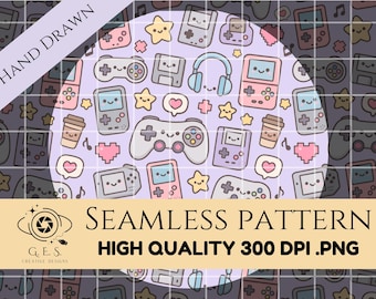 Kawaii gamer naadloos patroon schattig retro videogame digitaal papier pastel controller gamer meisje illustratie handgetekende sublimatie png-bestand