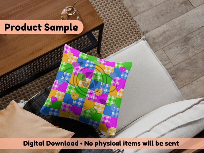 Op de afbeelding: Een kleurrijk vierkant kussen met een patchwork ontwerp met harten en lachende gezichten in een rasterpatroon. Het kussen heeft een groen, blauw, geel en roze kleurenschema. De tekst "Product Sample" en "Digital Download &bull; No physical items will be sent" zijn zichtbaar.