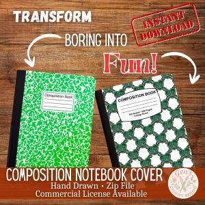 May include: Two composition notebooks with black spines. One has a green and white speckled pattern, the other a pattern of green bear faces on a white background. Text includes "Transform Boring Into Fun!" and "Composition Notebook Cover."