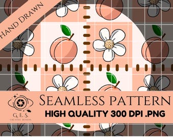 Naadloos patroon perziken en madeliefjes: handgetekende zomerontwerp (digitale png-download)