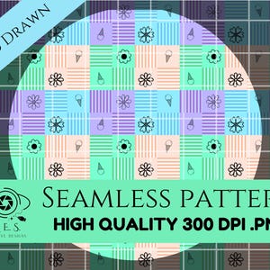 May include: A seamless pattern design with a grid of pastel squares, decorated with floral and ice cream cone illustrations. The design includes the text "HAND DRAWN" and "SEAMLESS PATTERN HIGH QUALITY 300 DPI .PNG".