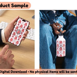 May include: A white water bottle and a phone case, both featuring a repeating pattern of red and white designs. The phone is held in a hand, and the bottle is held by a person wearing blue jeans. The text "Product Sample" and "Digital Download &bull; No physical items will be sent" are visible.