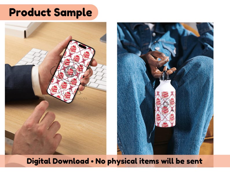 May include: A white water bottle and a phone case, both featuring a repeating pattern of red and white designs. The phone is held in a hand, and the bottle is held by a person wearing blue jeans. The text "Product Sample" and "Digital Download &bull; No physical items will be sent" are visible.