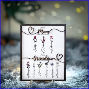 May include: A wooden plaque with a heart design and the words "First - Mom Growing Since 1973" and "Now - Grandma Growing Since 2008". The plaque features a floral design with names written on each stem.