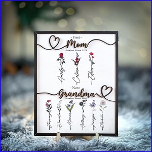 May include: A wooden sign with the words "First - Mom Growing Since 1973" and "Now - Grandma Growing Since 2008" with a heart design and names of children listed below.