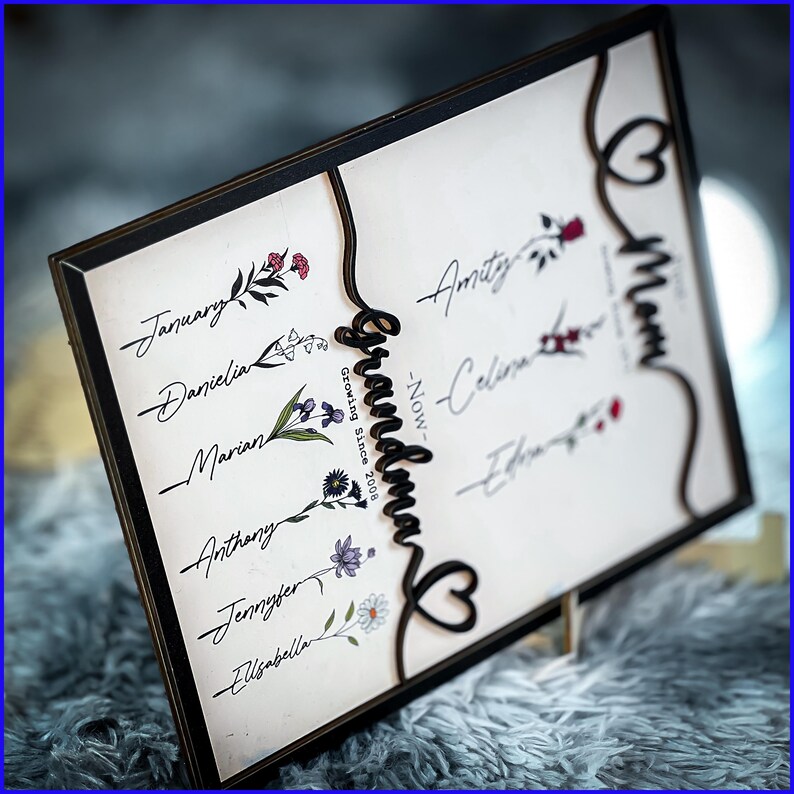 May include: A black framed sign with a white background. The sign has a cutout of the word "Grandmother" with a heart at the bottom. The sign also has a list of names and dates, including "January", "Daniela", "Marian", "Anthony", "Jennifer", "Isabella", "Amity", "Celina", "Ethan", and "NOW - Growing Since 2008".