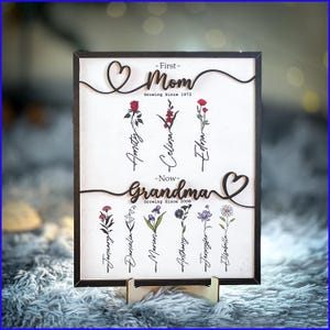 May include: A wooden sign with a heart and the words "First Mom Growing Since 1973" and "Now Grandma Growing Since 2008". The sign has a floral design with names written on each flower.