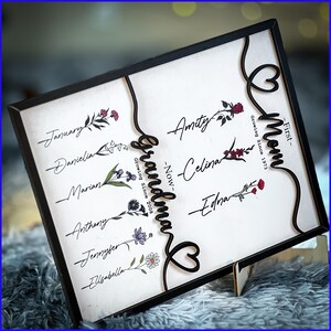 May include: A black framed sign with white background and black lettering. The sign features a decorative heart design with the words "Grandma" and "Mom" in a script font. The sign also includes a list of names and dates, including "Growing Since 2008" and "Growing Since 1973".