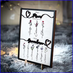 May include: A black framed wooden sign with a white background and black lettering. The sign features the words "First - Mom Growing Since 1973" and "Now - Grandma Growing Since 2008" with a heart shape next to each word. The sign also features a floral design with names written on each flower.
