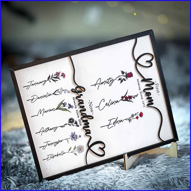 May include: A black framed wooden sign with the word "Grandma" in a decorative font. The sign features a floral design with names and dates, including "Growing Since 2008" and "Mom - First - Growing Since 1973".