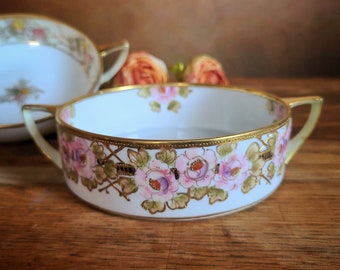 Antique Nippon Hand-Painted Double Handle Trinket Bowls, Set Of 2 Dishes, Raised Gold And Rose Decor, Very Good Condition, Made In Japan
