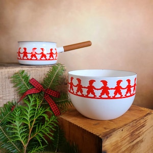 Arabia Finland Finel Enamel Christmas Bowl & Saucepan: Kaj Franck Tonttu Gnomes