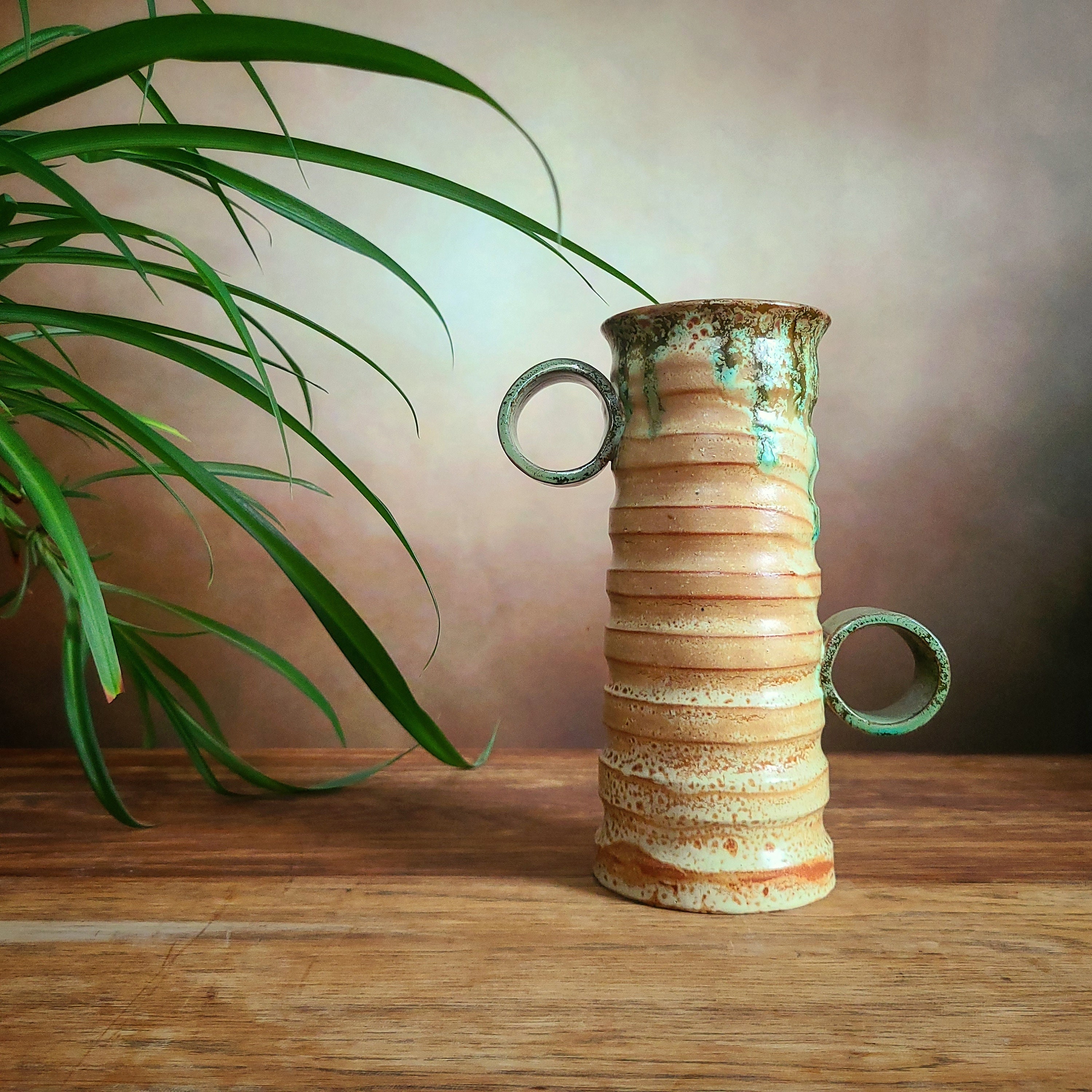 Andersson & Johansson, Höganäs, Sweden, Rare And Whimsical Stoneware Vase, Green And Tan, 1950's Vintage Vase, Very Good Condition