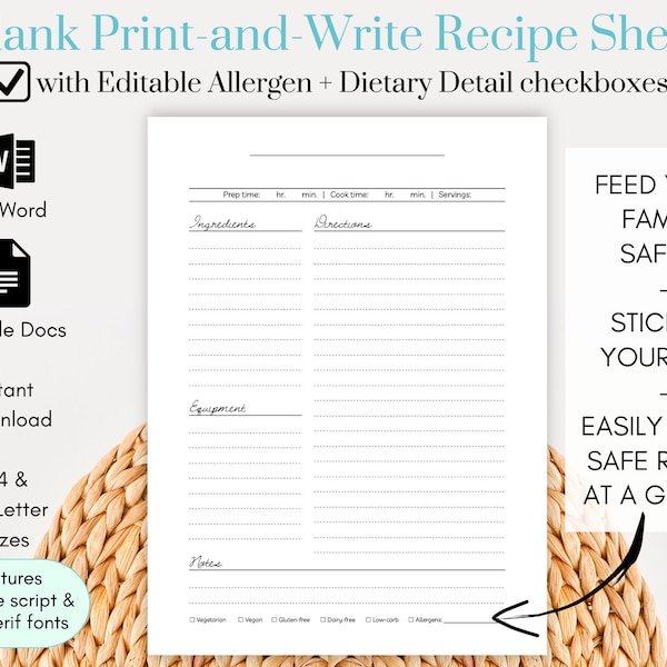 Editable Recipe Template, Printable Recipe Page, Personalized Cookbook, Blank Recipe Page, Cookbook template Word, Recipe Template Printable