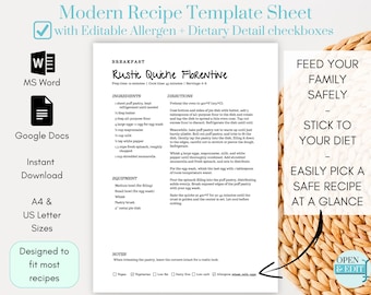 Editable Recipe Template Word, Printable Recipe Book, Cookbook Template Word, Recipe Book Template Printable, Recipe Book Template,A4,8.5x11