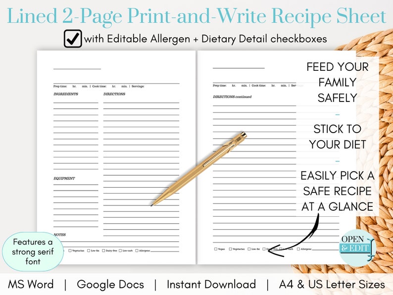 Editable Recipe Template, Printable Recipe Book, Recipe Mini Album, Personalized Cookbook ...