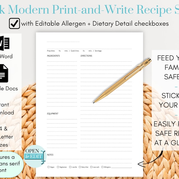 Blank Recipe Page, Editable Recipe Template, Printable Recipe Book, Recipe Template Printable, Recipe Book Template Printable