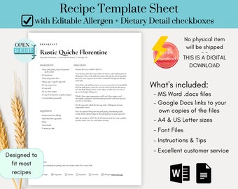 Editable Recipe Template Word, Printable Recipe Book, Cookbook Template Word, Recipe Book Template Printable, Recipe Book Template,A4,8.5x11