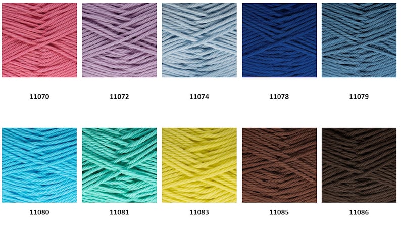 May include: A collection of ten skeins of yarn in various colors, including pink, purple, blue, turquoise, yellow, brown, and black. Each skein is labeled with a number, such as 11070, 11072, 11074, 11078, 11079, 11080, 11081, 11083, 11085, and 11086.