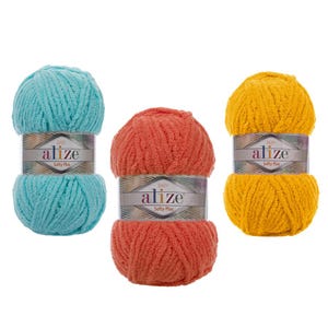 May include: Three skeins of yarn in turquoise, orange, and yellow. The yarn is soft and fluffy, and the skeins are labeled "Baby Alize Softy Plus."