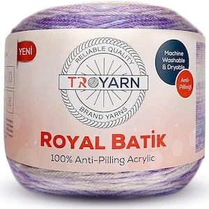 May include: A skein of purple and white yarn with the text "ROYAL BATIK 100% Anti-Pilling Acrylic" and the brand name "TROYARN" on the label.