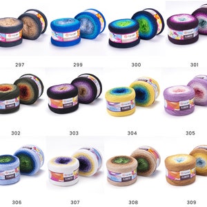 May include: Assortment of yarn balls in various color gradients, including blue, green, purple, orange, and yellow. Each ball has a label that reads "YarnArt Flowers".