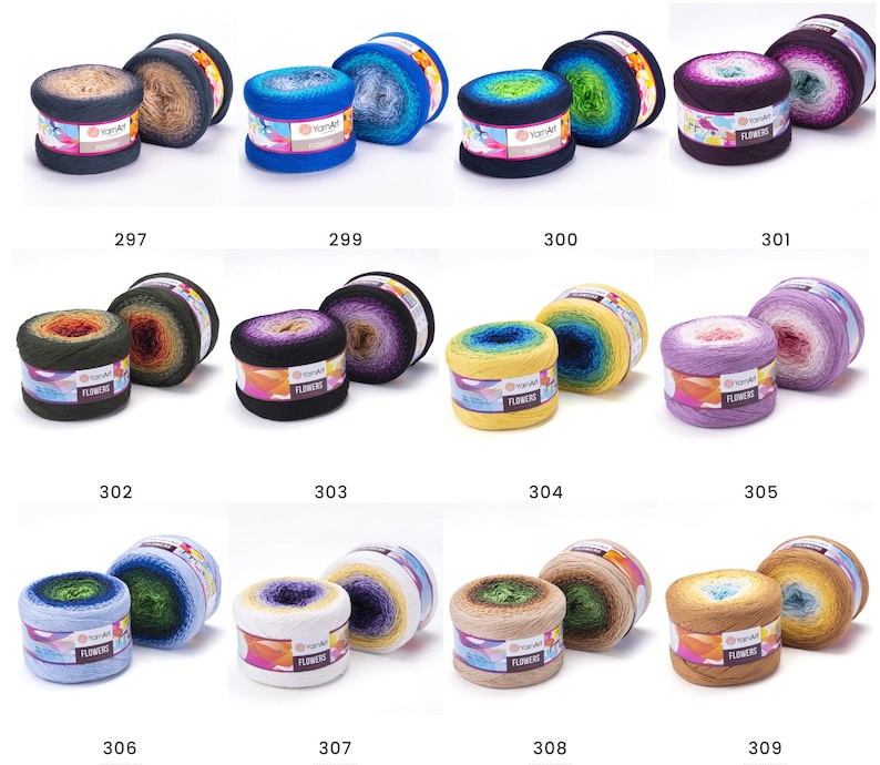 May include: Assortment of yarn balls in various color gradients, including blue, green, purple, orange, and yellow. Each ball has a label that reads "YarnArt Flowers".
