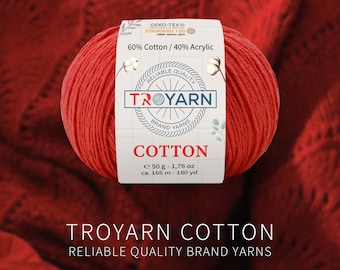 Troyarn Cotton (4 Skeins Pack)  Soft, Fine/Sport (2) for Crochet and Knitting 1.76 Oz (50g) 180 Yds (165m) 60% Cotton 40 Acrylic Yarn