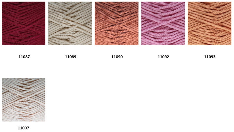 May include: Six skeins of yarn in various colors, including red, white, peach, pink, and orange. The yarn is arranged in a row, with the numbers 11087, 11089, 11090, 11092, 11093, and 11097 printed below each skein.