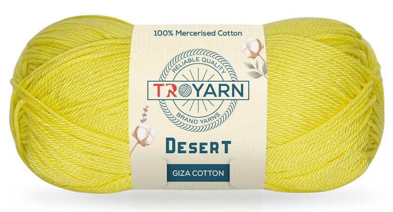 May include: A skein of yellow 100% mercerized cotton yarn labeled "TROYARN Brand Yarns" and "DESERT GIZA COTTON".