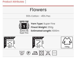 May include: A white label with black text and graphics showing the details of a yarn product. The yarn is 55% cotton and 45% acrylic. The yarn is super fine, weighs 250 grams, and is 1000 meters long. The label also includes care instructions, such as washing at 40 degrees Celsius and ironing at a low temperature.